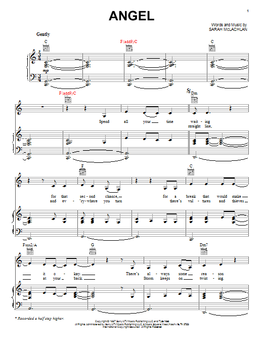 Preview Sarah McLachlan Angel Rock sheet music, notes and chords for Piano, Vocal & Guitar (Right-Hand Melody), SKU: 18204 sheet music, piano notes, chords, guitar tabs, score, transpose, transcribe, how to play, guide, download, learn, tutorial, progression, song, artist, awards, billboard, mtv, vh1, tour, single, album, release