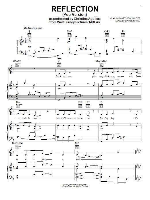 Preview Christina Aguilera Reflection (Pop Version) Pop sheet music, notes and chords for Piano, Vocal & Guitar (Right-Hand Melody), SKU: 18207 sheet music, piano notes, chords, guitar tabs, score, transpose, transcribe, how to play, guide, download, learn, tutorial, progression, song, artist, awards, billboard, mtv, vh1, tour, single, album, release