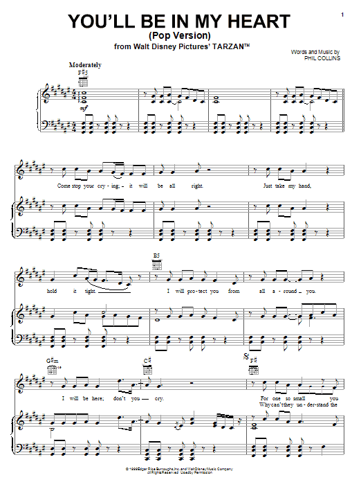 Preview Phil Collins You'll Be In My Heart (Pop Version) Pop sheet music, notes and chords for Piano, Vocal & Guitar (Right-Hand Melody), SKU: 18219 sheet music, piano notes, chords, guitar tabs, score, transpose, transcribe, how to play, guide, download, learn, tutorial, progression, song, artist, awards, billboard, mtv, vh1, tour, single, album, release