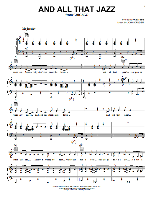 Preview Kander & Ebb And All That Jazz Broadway sheet music, notes and chords for Piano, Vocal & Guitar (Right-Hand Melody), SKU: 18228 sheet music, piano notes, chords, guitar tabs, score, transpose, transcribe, how to play, guide, download, learn, tutorial, progression, song, artist, awards, billboard, mtv, vh1, tour, single, album, release