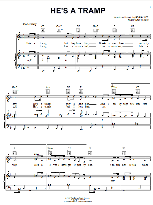 Preview Peggy Lee He's A Tramp (from Lady and the Tramp) Film and TV sheet music, notes and chords for Piano, Vocal & Guitar (Right-Hand Melody), SKU: 18255 sheet music, piano notes, chords, guitar tabs, score, transpose, transcribe, how to play, guide, download, learn, tutorial, progression, song, artist, awards, billboard, mtv, vh1, tour, single, album, release