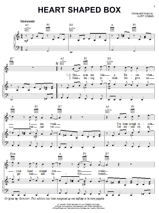 Preview Nirvana Heart Shaped Box Alternative sheet music, notes and chords for Piano, Vocal & Guitar (Right-Hand Melody), SKU: 18257 sheet music, piano notes, chords, guitar tabs, score, transpose, transcribe, how to play, guide, download, learn, tutorial, progression, song, artist, awards, billboard, mtv, vh1, tour, single, album, release