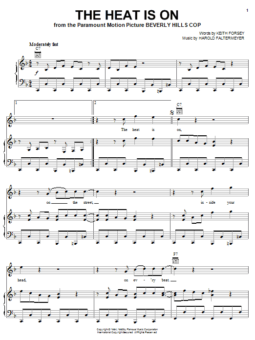 Preview Glenn Frey The Heat Is On (from Beverly Hills Cop) Pop sheet music, notes and chords for Piano, Vocal & Guitar (Right-Hand Melody), SKU: 18258 sheet music, piano notes, chords, guitar tabs, score, transpose, transcribe, how to play, guide, download, learn, tutorial, progression, song, artist, awards, billboard, mtv, vh1, tour, single, album, release