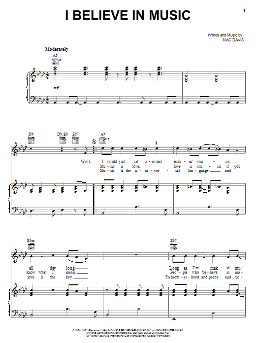 Preview Mac Davis I Believe In Music Pop sheet music, notes and chords for Piano, Vocal & Guitar (Right-Hand Melody), SKU: 18261 sheet music, piano notes, chords, guitar tabs, score, transpose, transcribe, how to play, guide, download, learn, tutorial, progression, song, artist, awards, billboard, mtv, vh1, tour, single, album, release
