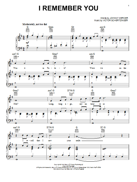 Preview Jo Stafford I Remember You Jazz sheet music, notes and chords for Piano, Vocal & Guitar (Right-Hand Melody), SKU: 18263 sheet music, piano notes, chords, guitar tabs, score, transpose, transcribe, how to play, guide, download, learn, tutorial, progression, song, artist, awards, billboard, mtv, vh1, tour, single, album, release