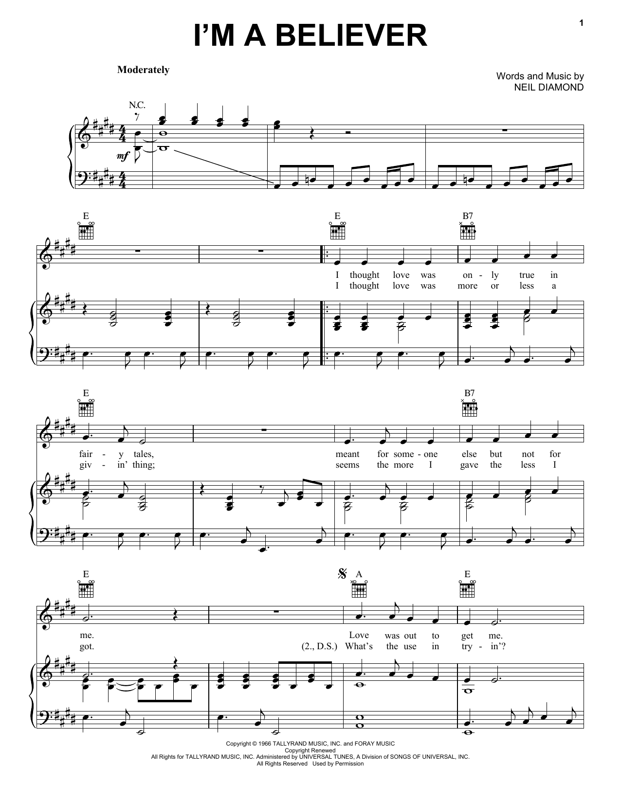 Preview The Monkees I'm A Believer Film and TV sheet music, notes and chords for Piano, Vocal & Guitar (Right-Hand Melody), SKU: 18265 sheet music, piano notes, chords, guitar tabs, score, transpose, transcribe, how to play, guide, download, learn, tutorial, progression, song, artist, awards, billboard, mtv, vh1, tour, single, album, release