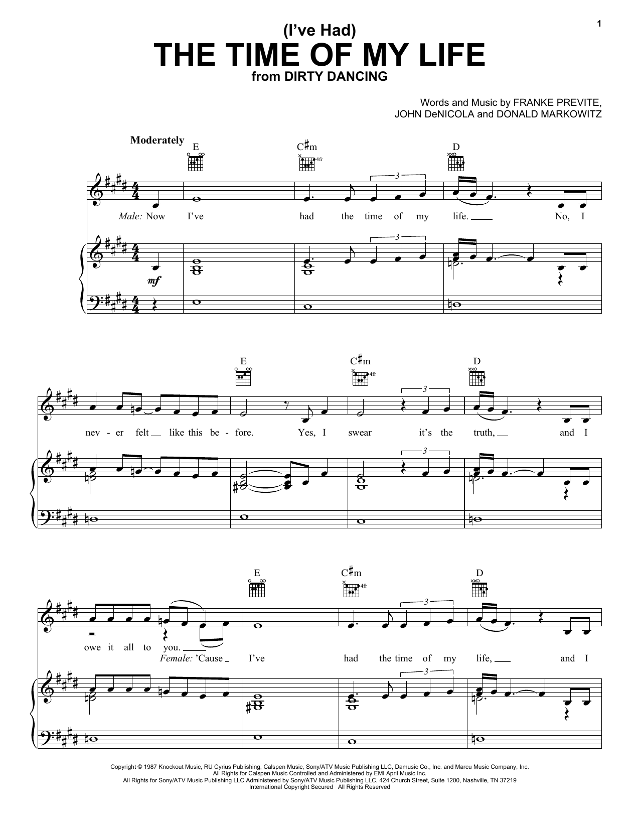 Preview Bill Medley and Jennifer Warnes (I've Had) The Time Of My Life Film and TV sheet music, notes and chords for Piano, Vocal & Guitar (Right-Hand Melody), SKU: 18267 sheet music, piano notes, chords, guitar tabs, score, transpose, transcribe, how to play, guide, download, learn, tutorial, progression, song, artist, awards, billboard, mtv, vh1, tour, single, album, release
