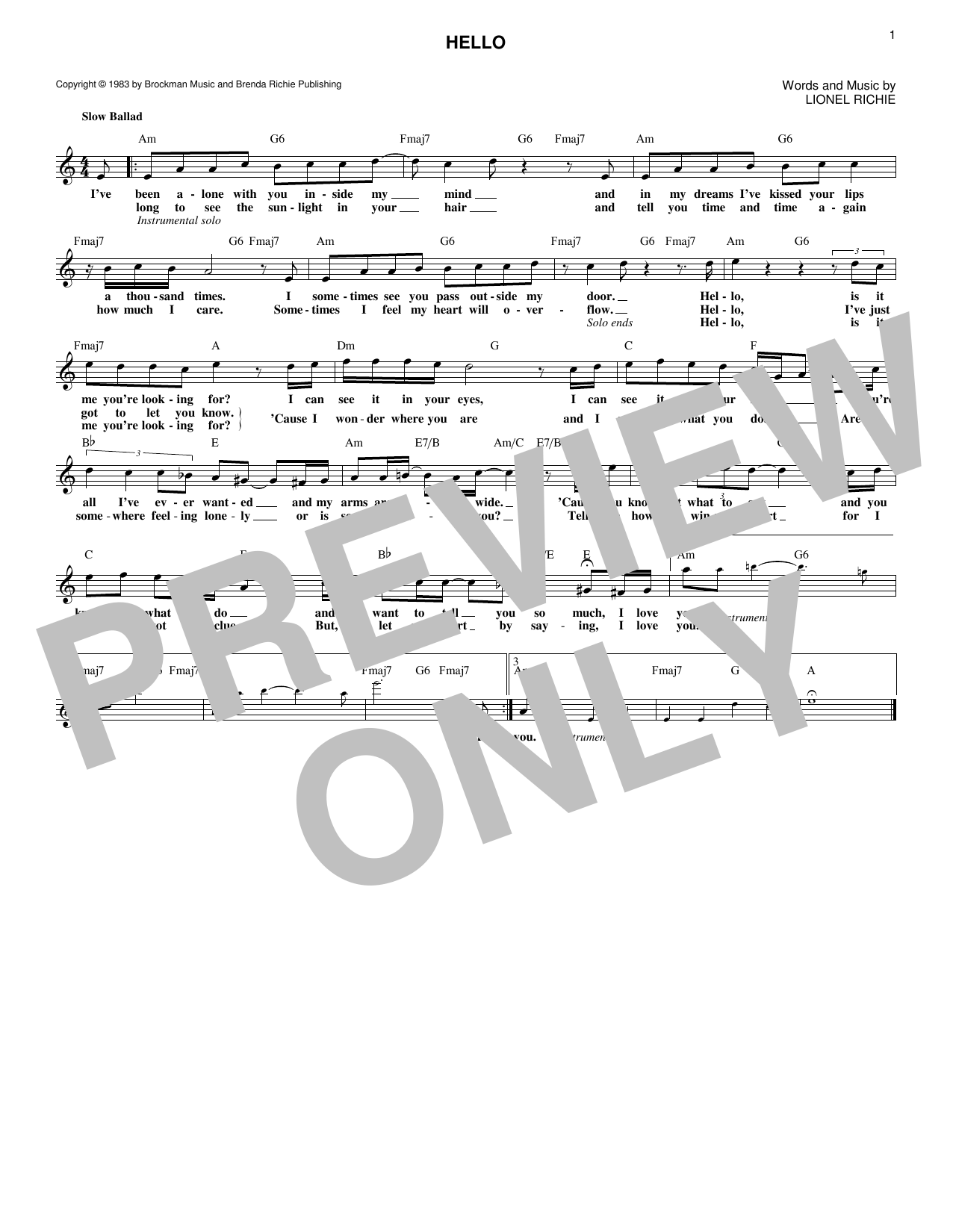 Lionel Richie Hello Sheet Music Notes Chords Download Ballad