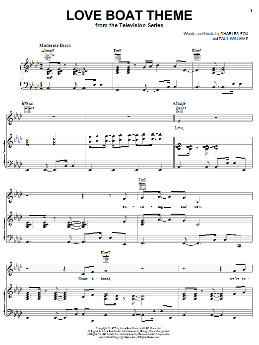 Preview Charles Fox Love Boat Theme (from the TV Series) Film and TV sheet music, notes and chords for Piano, Vocal & Guitar (Right-Hand Melody), SKU: 18281 sheet music, piano notes, chords, guitar tabs, score, transpose, transcribe, how to play, guide, download, learn, tutorial, progression, song, artist, awards, billboard, mtv, vh1, tour, single, album, release