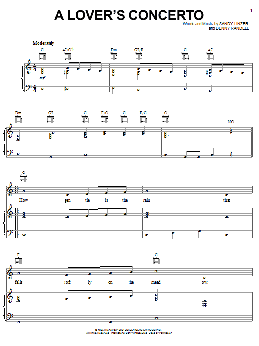Preview The Toys A Lover's Concerto Pop sheet music, notes and chords for Piano, Vocal & Guitar (Right-Hand Melody), SKU: 18282 sheet music, piano notes, chords, guitar tabs, score, transpose, transcribe, how to play, guide, download, learn, tutorial, progression, song, artist, awards, billboard, mtv, vh1, tour, single, album, release