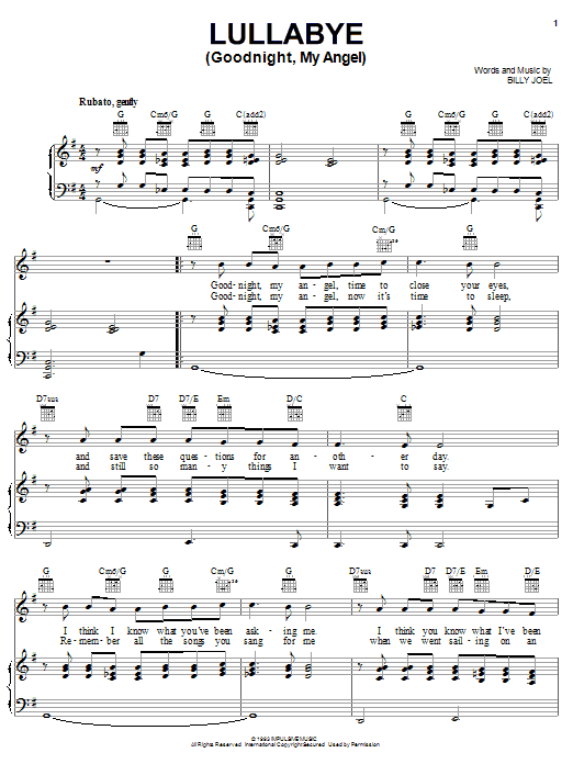 Preview Billy Joel Lullabye (Goodnight, My Angel) Rock sheet music, notes and chords for Piano, Vocal & Guitar (Right-Hand Melody), SKU: 18283 sheet music, piano notes, chords, guitar tabs, score, transpose, transcribe, how to play, guide, download, learn, tutorial, progression, song, artist, awards, billboard, mtv, vh1, tour, single, album, release