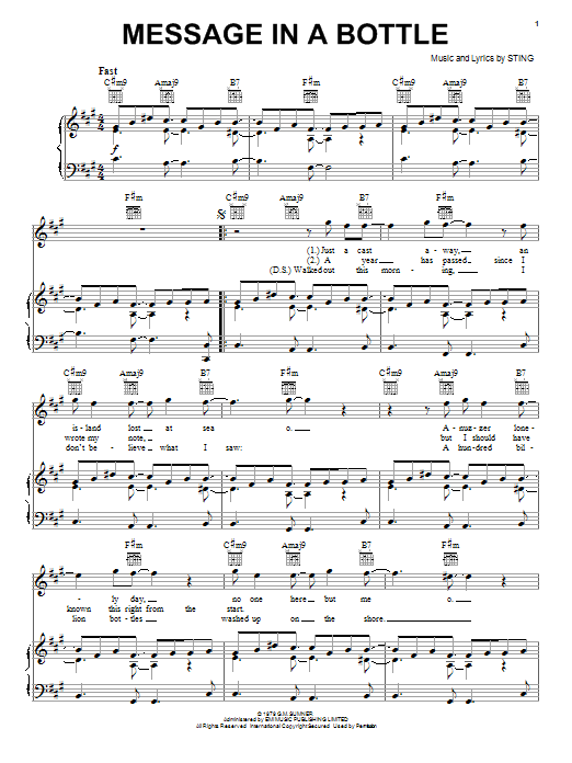 Preview The Police Message In A Bottle Rock sheet music, notes and chords for Piano, Vocal & Guitar (Right-Hand Melody), SKU: 18289 sheet music, piano notes, chords, guitar tabs, score, transpose, transcribe, how to play, guide, download, learn, tutorial, progression, song, artist, awards, billboard, mtv, vh1, tour, single, album, release