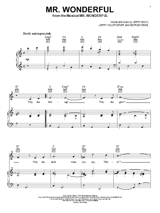 Preview Peggy Lee Mr. Wonderful Musicals sheet music, notes and chords for Piano, Vocal & Guitar (Right-Hand Melody), SKU: 18292 sheet music, piano notes, chords, guitar tabs, score, transpose, transcribe, how to play, guide, download, learn, tutorial, progression, song, artist, awards, billboard, mtv, vh1, tour, single, album, release
