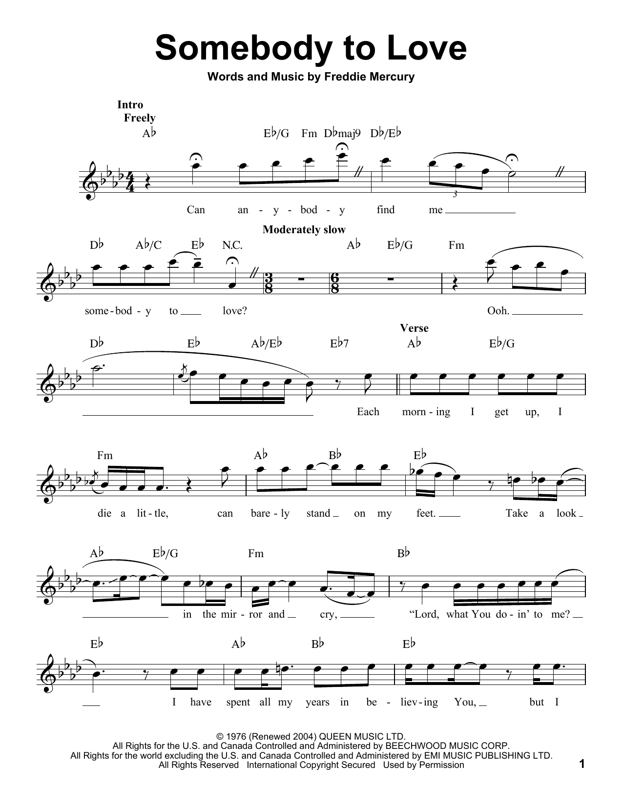 Preview Queen Somebody To Love Rock sheet music, notes and chords for Voice...