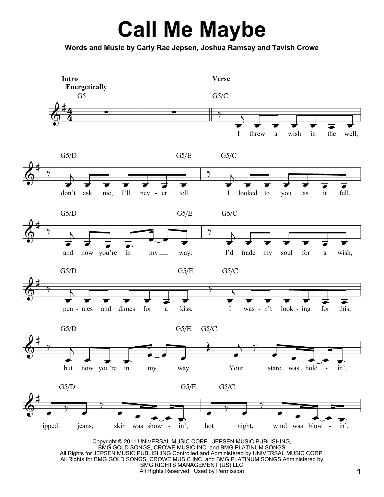 Carly Rae Jepsen Call Me Maybe Sheet Music Notes Chords
