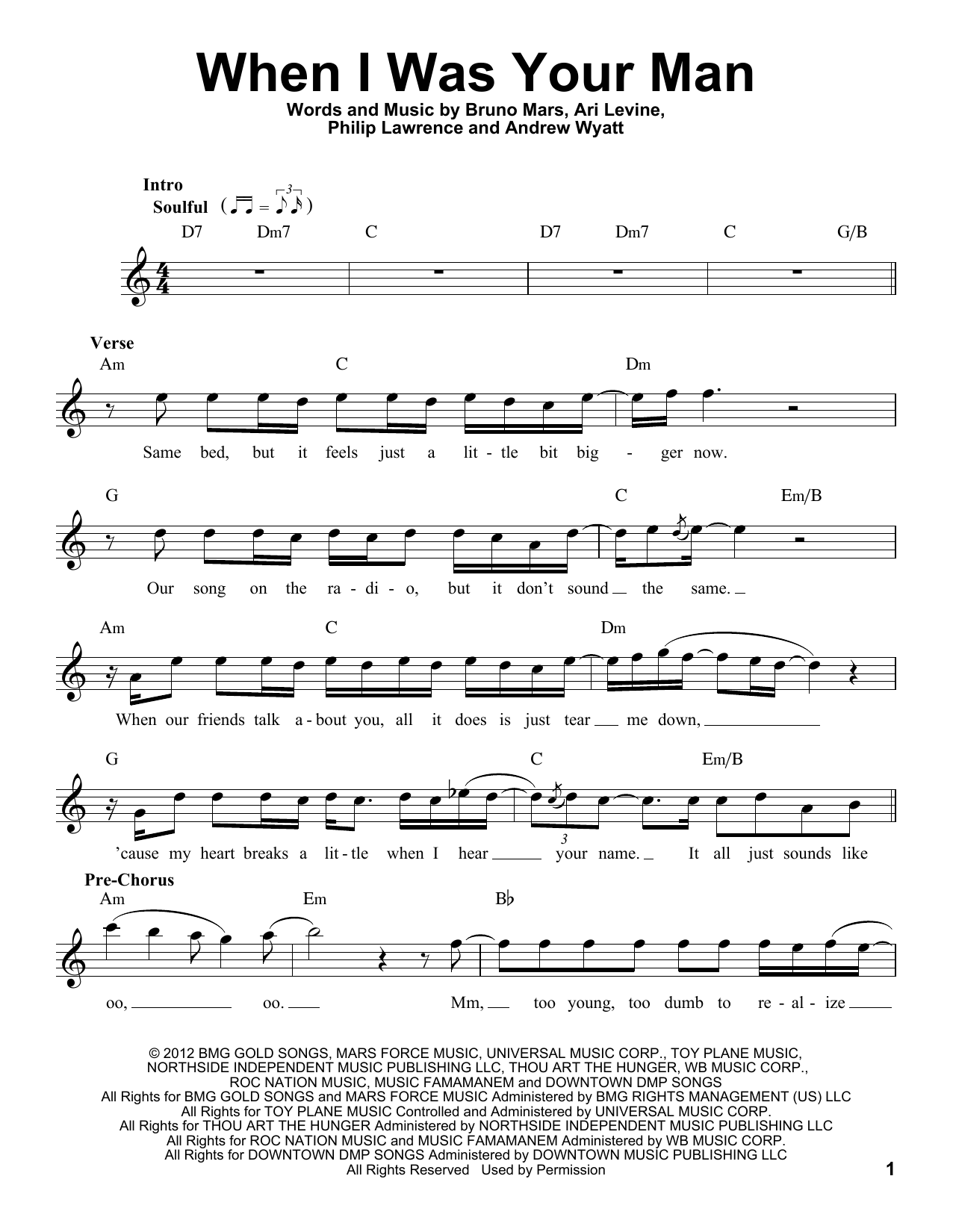Bruno Mars When I Was Your Man Sheet Music Notes Chords