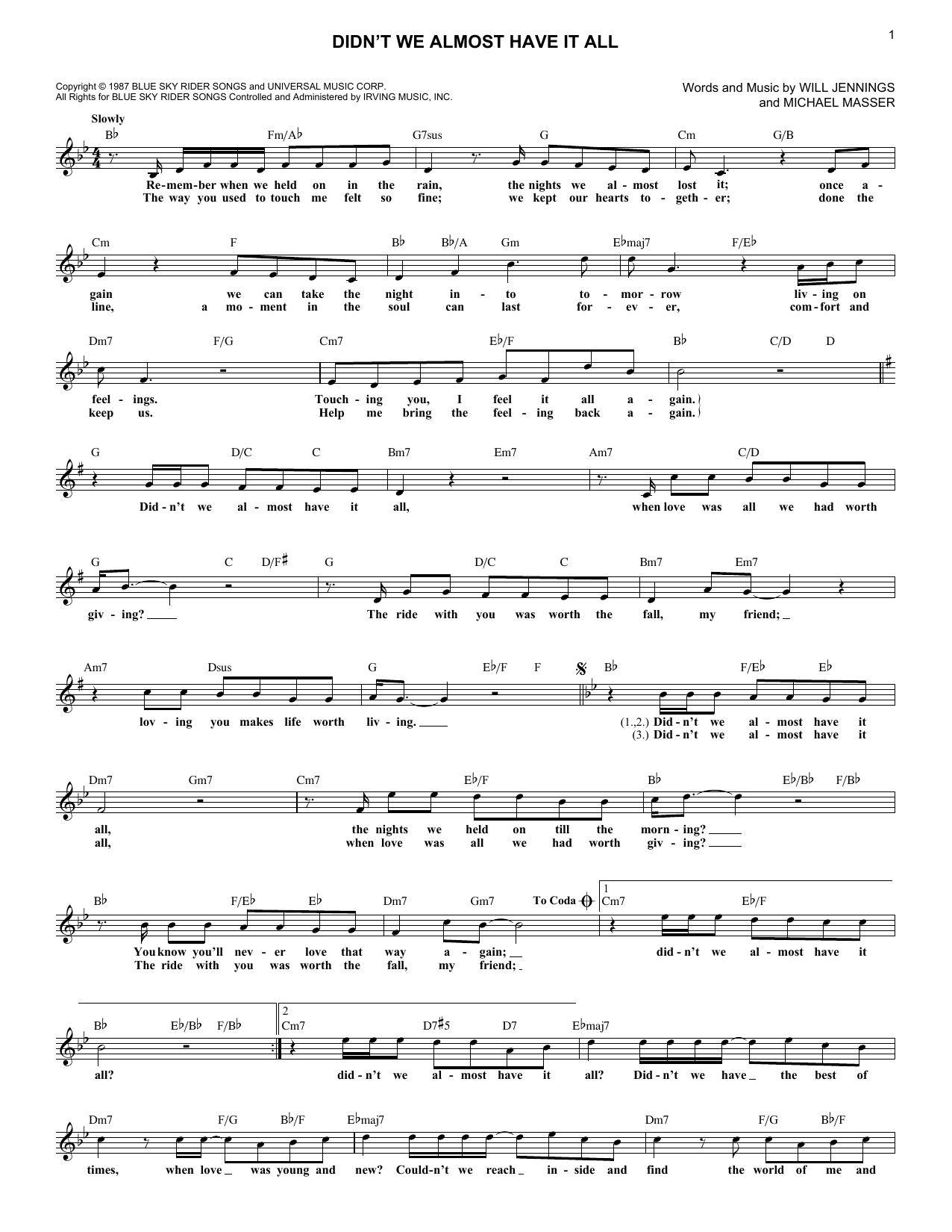 Whitney Houston Didn T We Almost Have It All Sheet Music Notes Chords Download Jazz Notes Melody Line Lyrics Chords Pdf Print 1360