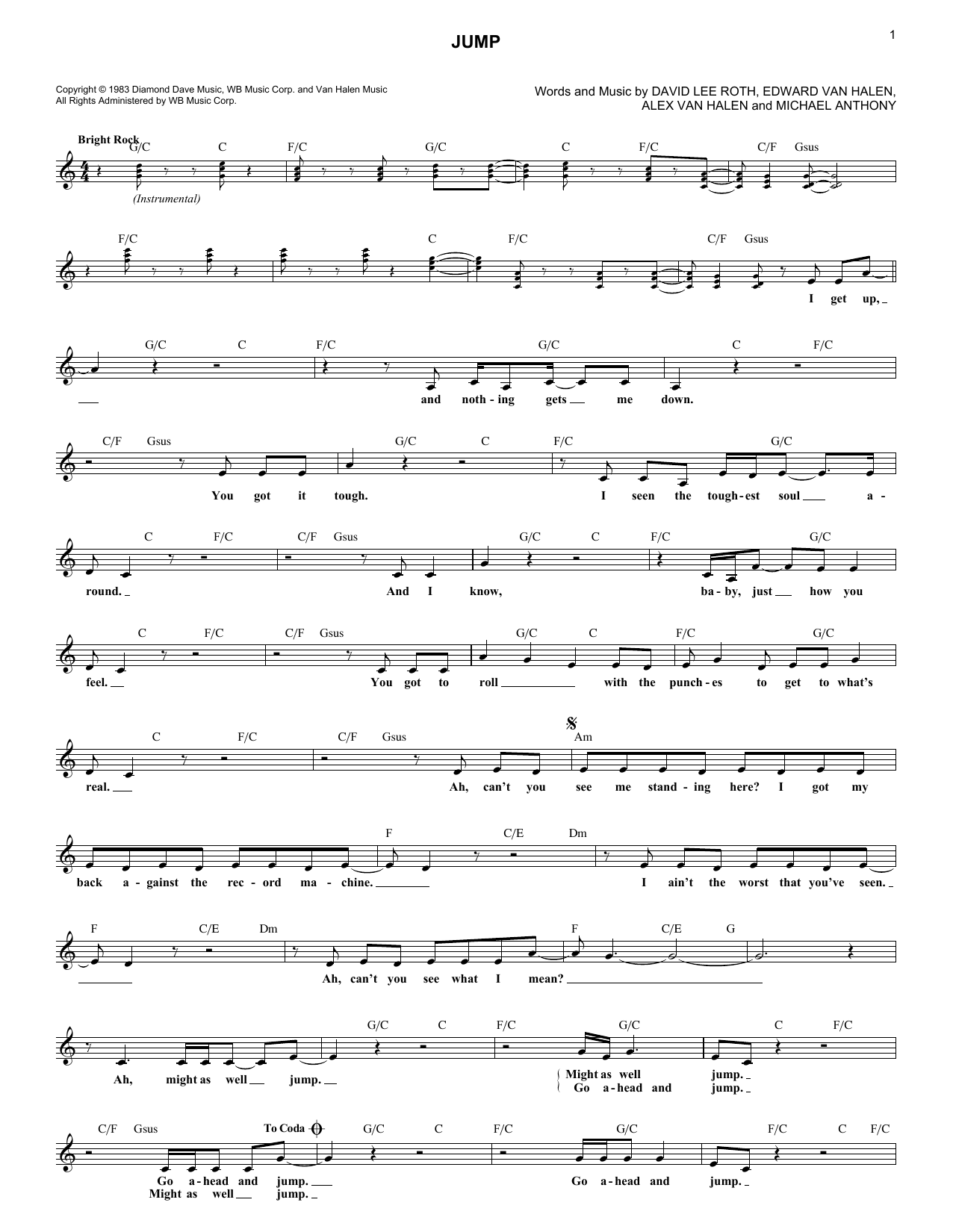 Van Halen Jump Sheet Music Notes Chords Download Rock Notes Melody Line Lyrics Chords Pdf Print 183457
