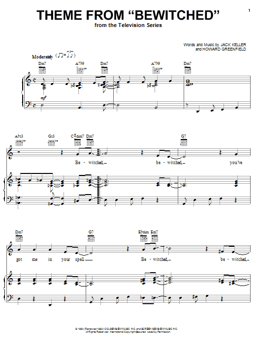 Preview Howard Greenfield Theme from Bewitched Film and TV sheet music, notes and chords for Piano, Vocal & Guitar (Right-Hand Melody), SKU: 18349 sheet music, piano notes, chords, guitar tabs, score, transpose, transcribe, how to play, guide, download, learn, tutorial, progression, song, artist, awards, billboard, mtv, vh1, tour, single, album, release