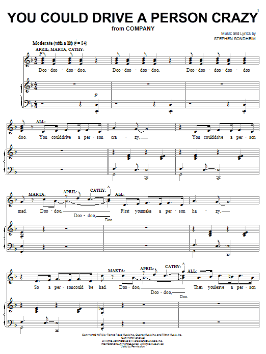 Preview Stephen Sondheim You Could Drive A Person Crazy Broadway sheet music, notes and chords for Piano, Vocal & Guitar (Right-Hand Melody), SKU: 18351 sheet music, piano notes, chords, guitar tabs, score, transpose, transcribe, how to play, guide, download, learn, tutorial, progression, song, artist, awards, billboard, mtv, vh1, tour, single, album, release