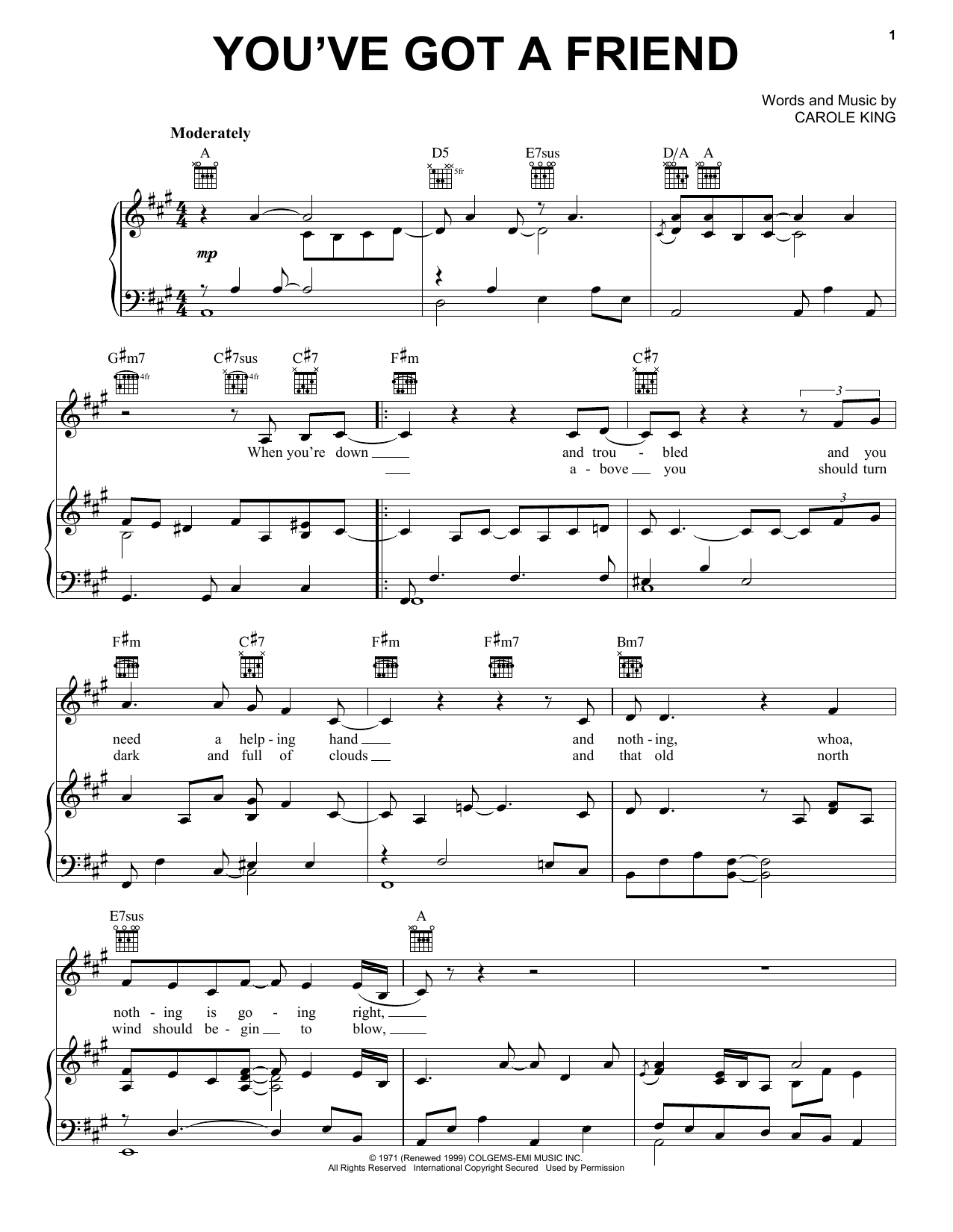 Preview Carole King You've Got A Friend Folk sheet music, notes and chords for Piano, Vocal & Guitar (Right-Hand Melody), SKU: 18354 sheet music, piano notes, chords, guitar tabs, score, transpose, transcribe, how to play, guide, download, learn, tutorial, progression, song, artist, awards, billboard, mtv, vh1, tour, single, album, release