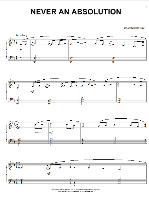 Preview James Horner Never An Absolution (from Titanic) Film and TV sheet music, notes and chords for Piano, Vocal & Guitar (Right-Hand Melody), SKU: 18362 sheet music, piano notes, chords, guitar tabs, score, transpose, transcribe, how to play, guide, download, learn, tutorial, progression, song, artist, awards, billboard, mtv, vh1, tour, single, album, release