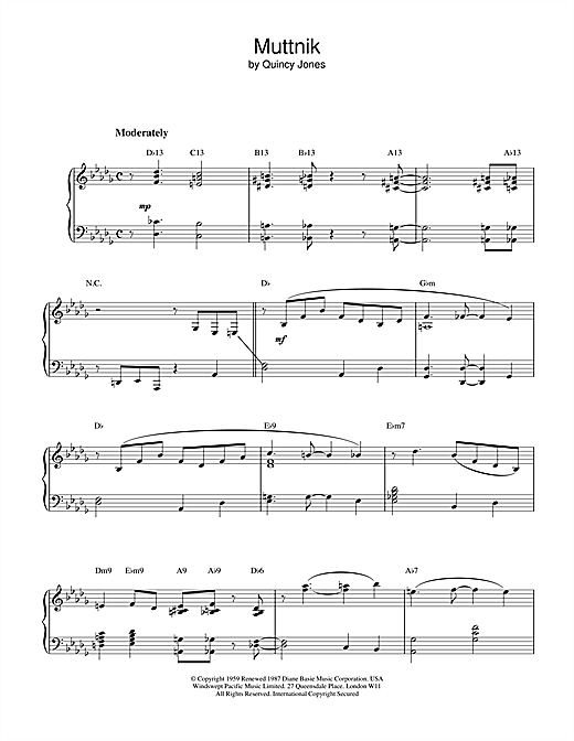Preview Quincy Jones Muttnik Jazz sheet music, notes and chords for Piano, SKU: 18367 sheet music, piano notes, chords, guitar tabs, score, transpose, transcribe, how to play, guide, download, learn, tutorial, progression, song, artist, awards, billboard, mtv, vh1, tour, single, album, release
