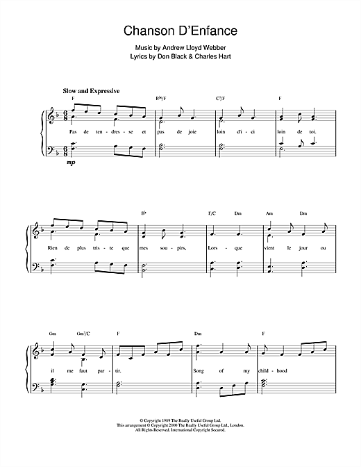 Preview Andrew Lloyd Webber Chanson D'Enfance Musicals sheet music, notes and chords for Piano, SKU: 18377 sheet music, piano notes, chords, guitar tabs, score, transpose, transcribe, how to play, guide, download, learn, tutorial, progression, song, artist, awards, billboard, mtv, vh1, tour, single, album, release