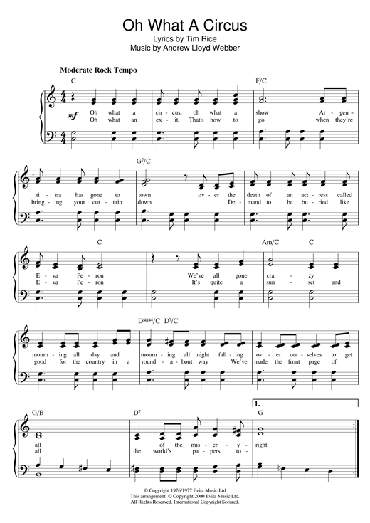 Preview Andrew Lloyd Webber Oh What A Circus (from Evita) Musicals sheet music, notes and chords for Piano, SKU: 18378 sheet music, piano notes, chords, guitar tabs, score, transpose, transcribe, how to play, guide, download, learn, tutorial, progression, song, artist, awards, billboard, mtv, vh1, tour, single, album, release