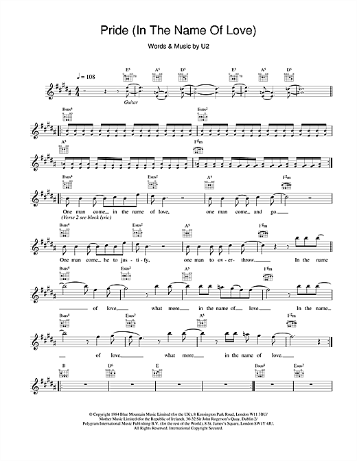 Preview U2 Pride (In The Name Of Love) Rock sheet music, notes and chords for Melody Line, Lyrics & Chords, SKU: 18379 sheet music, piano notes, chords, guitar tabs, score, transpose, transcribe, how to play, guide, download, learn, tutorial, progression, song, artist, awards, billboard, mtv, vh1, tour, single, album, release