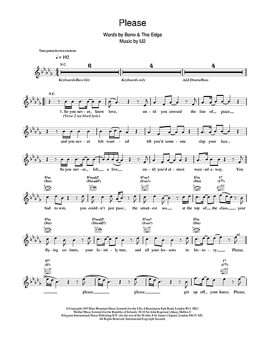 Preview U2 Please Rock sheet music, notes and chords for Melody Line, Lyrics & Chords, SKU: 18380 sheet music, piano notes, chords, guitar tabs, score, transpose, transcribe, how to play, guide, download, learn, tutorial, progression, song, artist, awards, billboard, mtv, vh1, tour, single, album, release