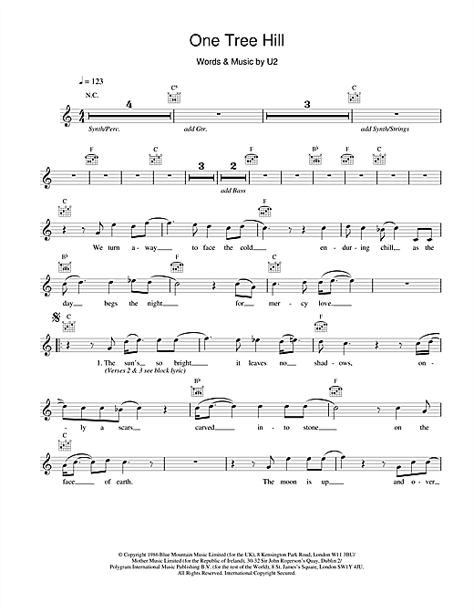 Preview U2 One Tree Hill Rock sheet music, notes and chords for Melody Line, Lyrics & Chords, SKU: 18381 sheet music, piano notes, chords, guitar tabs, score, transpose, transcribe, how to play, guide, download, learn, tutorial, progression, song, artist, awards, billboard, mtv, vh1, tour, single, album, release