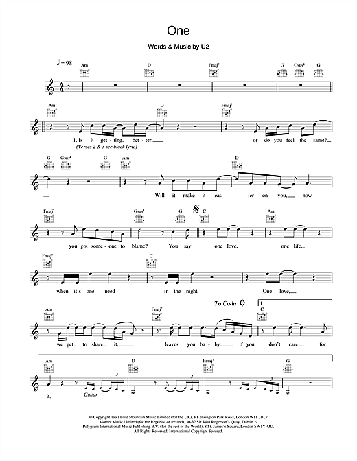 Preview U2 One Rock sheet music, notes and chords for Melody Line, Lyrics & Chords, SKU: 18382 sheet music, piano notes, chords, guitar tabs, score, transpose, transcribe, how to play, guide, download, learn, tutorial, progression, song, artist, awards, billboard, mtv, vh1, tour, single, album, release