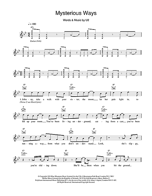 Preview U2 Mysterious Ways Rock sheet music, notes and chords for Melody Line, Lyrics & Chords, SKU: 18384 sheet music, piano notes, chords, guitar tabs, score, transpose, transcribe, how to play, guide, download, learn, tutorial, progression, song, artist, awards, billboard, mtv, vh1, tour, single, album, release