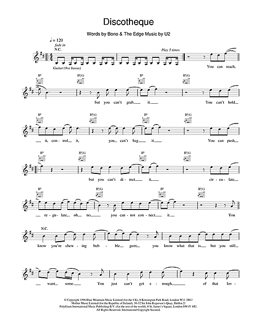 Preview U2 Discotheque Rock sheet music, notes and chords for Melody Line, Lyrics & Chords, SKU: 18391 sheet music, piano notes, chords, guitar tabs, score, transpose, transcribe, how to play, guide, download, learn, tutorial, progression, song, artist, awards, billboard, mtv, vh1, tour, single, album, release