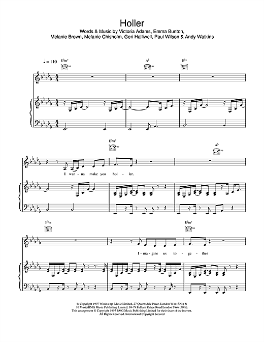 Preview The Spice Girls Holler Pop sheet music, notes and chords for Piano, Vocal & Guitar, SKU: 18396 sheet music, piano notes, chords, guitar tabs, score, transpose, transcribe, how to play, guide, download, learn, tutorial, progression, song, artist, awards, billboard, mtv, vh1, tour, single, album, release