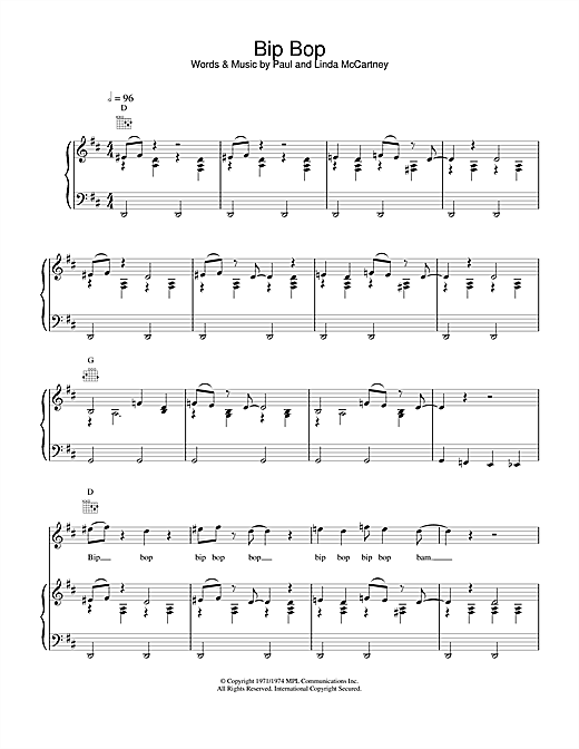 Preview Paul McCartney & Wings Bip Bop Rock sheet music, notes and chords for Piano, Vocal & Guitar, SKU: 18424 sheet music, piano notes, chords, guitar tabs, score, transpose, transcribe, how to play, guide, download, learn, tutorial, progression, song, artist, awards, billboard, mtv, vh1, tour, single, album, release