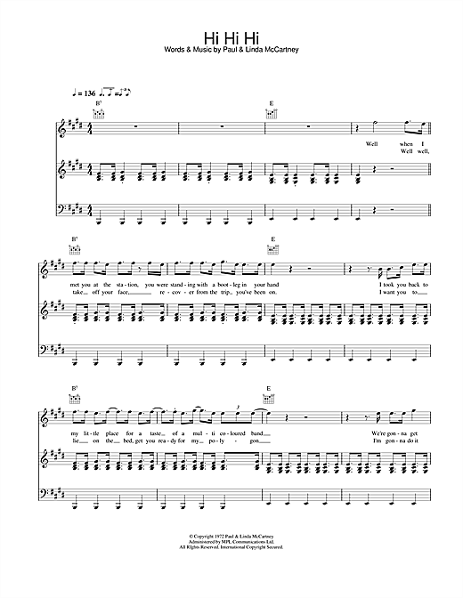 Preview Wings Hi Hi Hi Rock sheet music, notes and chords for Piano, Vocal & Guitar, SKU: 18427 sheet music, piano notes, chords, guitar tabs, score, transpose, transcribe, how to play, guide, download, learn, tutorial, progression, song, artist, awards, billboard, mtv, vh1, tour, single, album, release