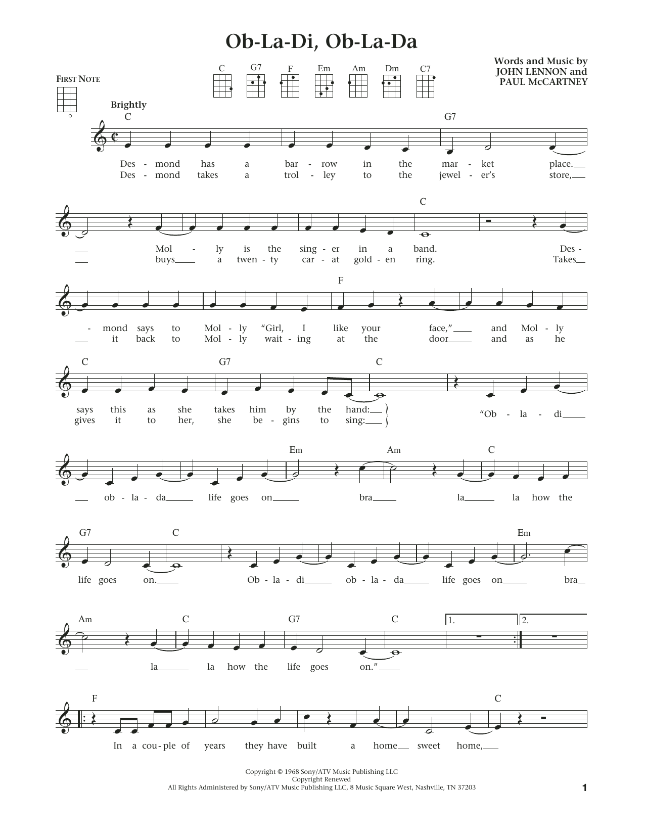 The Beatles Ob La Di Ob La Da Sheet Music Notes Chords Download Pop Notes Ukulele Pdf Print