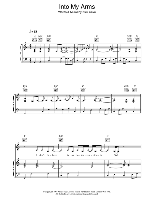 Preview Nick Cave Into My Arms Pop sheet music, notes and chords for Piano, Vocal & Guitar (Right-Hand Melody), SKU: 18442 sheet music, piano notes, chords, guitar tabs, score, transpose, transcribe, how to play, guide, download, learn, tutorial, progression, song, artist, awards, billboard, mtv, vh1, tour, single, album, release