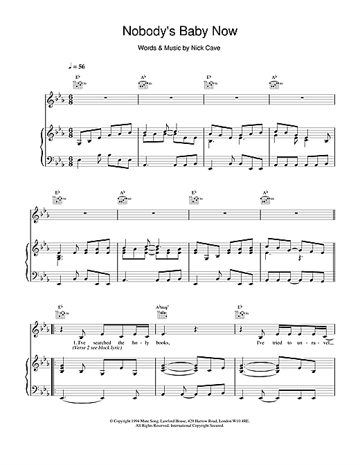 Preview Nick Cave Nobody's Baby Now Pop sheet music, notes and chords for Piano, Vocal & Guitar, SKU: 18443 sheet music, piano notes, chords, guitar tabs, score, transpose, transcribe, how to play, guide, download, learn, tutorial, progression, song, artist, awards, billboard, mtv, vh1, tour, single, album, release