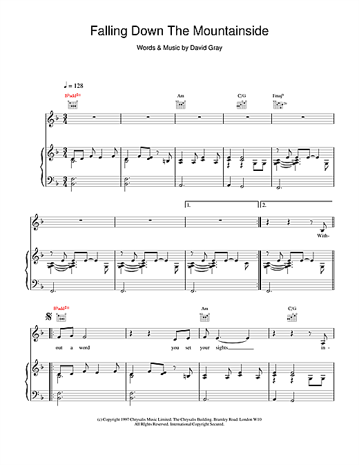 Preview David Gray Falling Down The Mountainside Rock sheet music, notes and chords for Piano, Vocal & Guitar (Right-Hand Melody), SKU: 18455 sheet music, piano notes, chords, guitar tabs, score, transpose, transcribe, how to play, guide, download, learn, tutorial, progression, song, artist, awards, billboard, mtv, vh1, tour, single, album, release