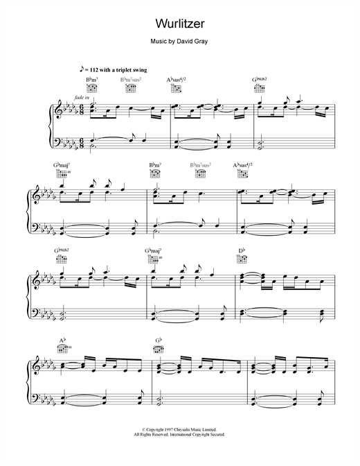 Preview David Gray Wurlizer Rock sheet music, notes and chords for Piano, Vocal & Guitar, SKU: 18463 sheet music, piano notes, chords, guitar tabs, score, transpose, transcribe, how to play, guide, download, learn, tutorial, progression, song, artist, awards, billboard, mtv, vh1, tour, single, album, release