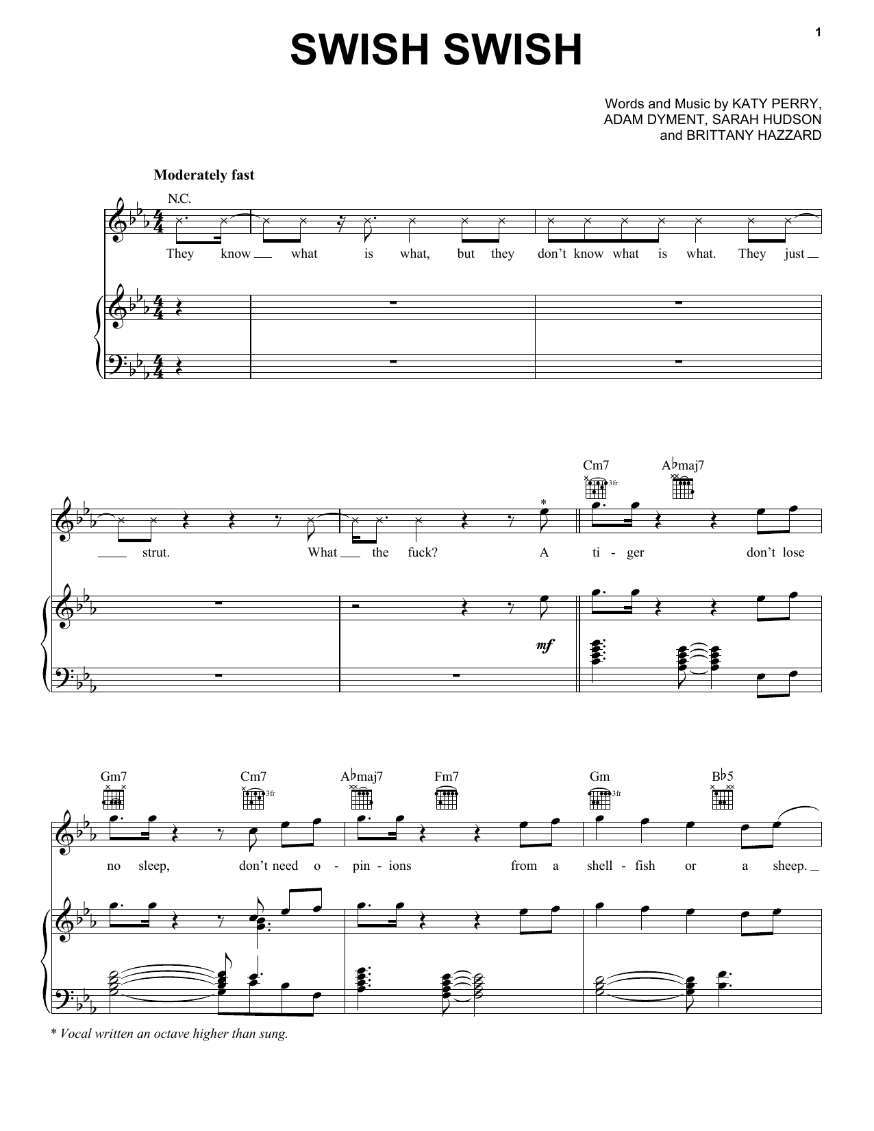 Preview Katy Perry Swish Swish (feat. Nicki Minaj) Pop sheet music, notes and chords for Piano, Vocal & Guitar (Right-Hand Melody), SKU: 184646 sheet music, piano notes, chords, guitar tabs, score, transpose, transcribe, how to play, guide, download, learn, tutorial, progression, song, artist, awards, billboard, mtv, vh1, tour, single, album, release