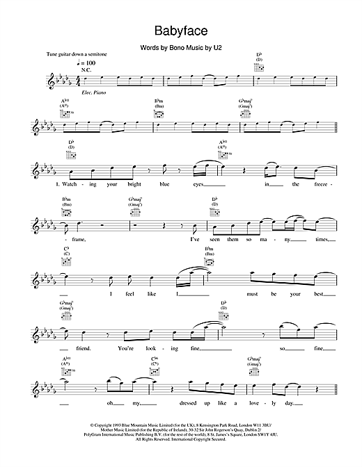Preview U2 Babyface Rock sheet music, notes and chords for Melody Line, Lyrics & Chords, SKU: 18464 sheet music, piano notes, chords, guitar tabs, score, transpose, transcribe, how to play, guide, download, learn, tutorial, progression, song, artist, awards, billboard, mtv, vh1, tour, single, album, release