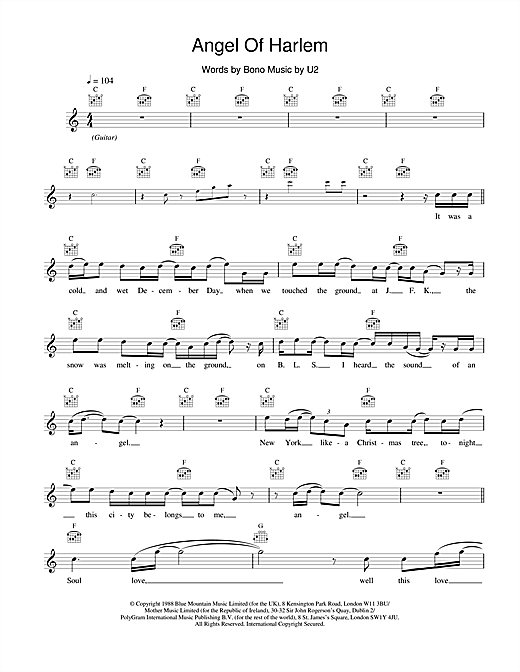 Preview U2 Angel Of Harlem Rock sheet music, notes and chords for Melody Line, Lyrics & Chords, SKU: 18465 sheet music, piano notes, chords, guitar tabs, score, transpose, transcribe, how to play, guide, download, learn, tutorial, progression, song, artist, awards, billboard, mtv, vh1, tour, single, album, release