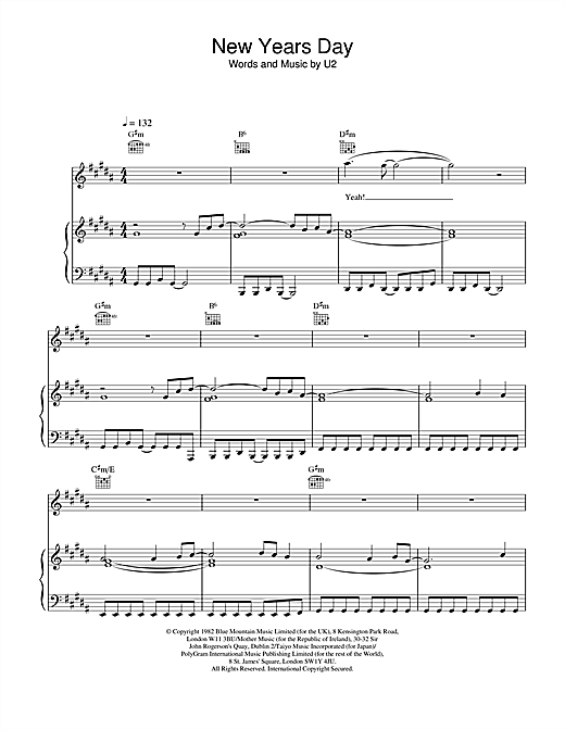 Preview U2 New Years Day Rock sheet music, notes and chords for Piano, Vocal & Guitar, SKU: 18477 New Years Day sheet music