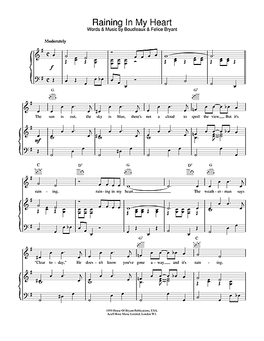 Preview Roy Orbison Raining In My Heart Pop sheet music, notes and chords for Piano, Vocal & Guitar (Right-Hand Melody), SKU: 18482 sheet music, piano notes, chords, guitar tabs, score, transpose, transcribe, how to play, guide, download, learn, tutorial, progression, song, artist, awards, billboard, mtv, vh1, tour, single, album, release