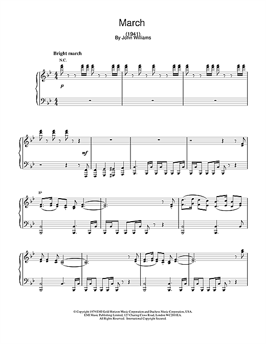 Preview John Williams March (from 1941) Film and TV sheet music, notes and chords for Piano, SKU: 18488 sheet music, piano notes, chords, guitar tabs, score, transpose, transcribe, how to play, guide, download, learn, tutorial, progression, song, artist, awards, billboard, mtv, vh1, tour, single, album, release