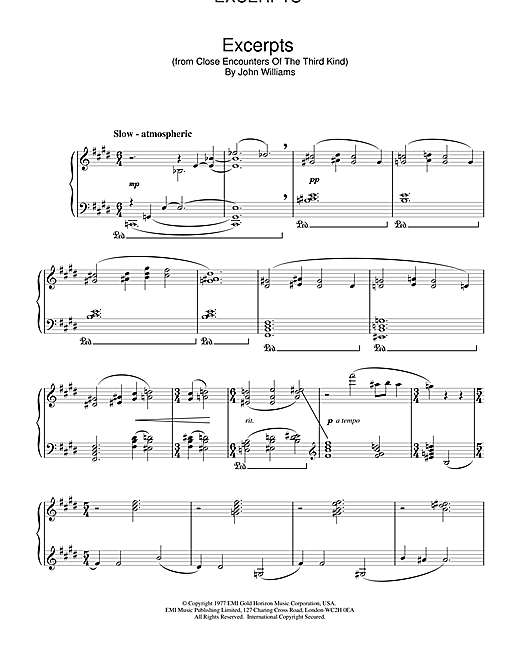 Preview John Williams Excerpts (from Close Encounters Of The Third Kind) Film and TV sheet music, notes and chords for Piano, SKU: 18492 sheet music, piano notes, chords, guitar tabs, score, transpose, transcribe, how to play, guide, download, learn, tutorial, progression, song, artist, awards, billboard, mtv, vh1, tour, single, album, release